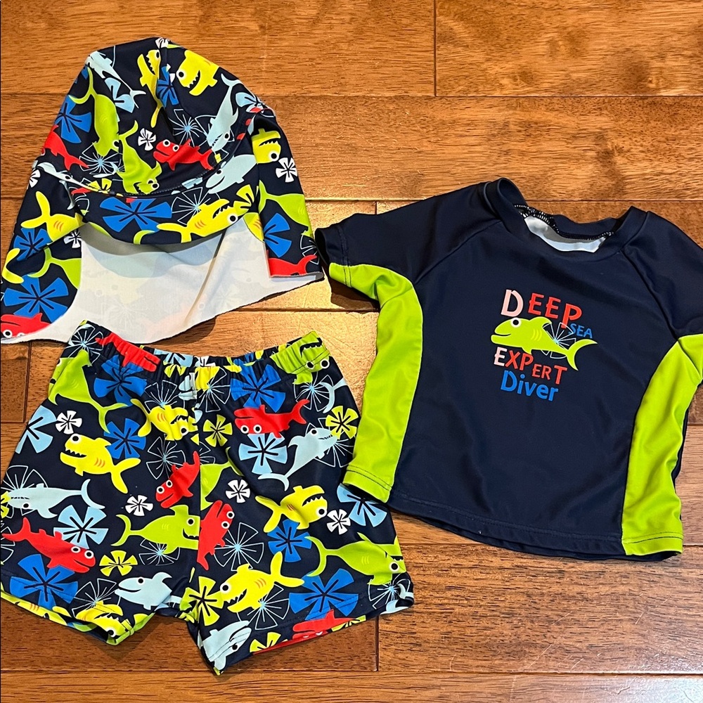 Kids' Navy & Lime Shark Rash Guard Swim Set - Deep Sea Expert Diver